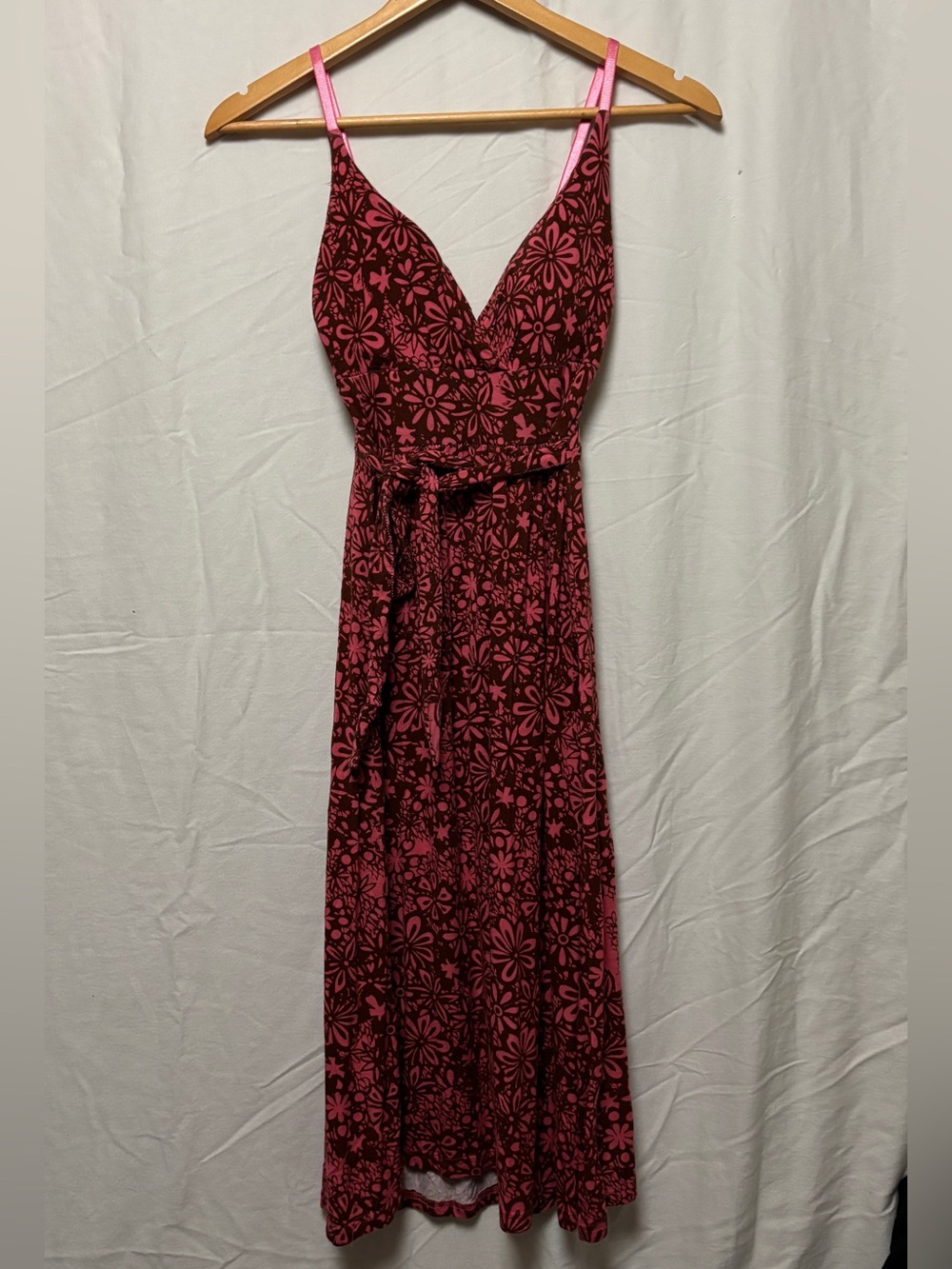 Planet Gold floral pink and brown spaghetti strap tie waist maxi dress